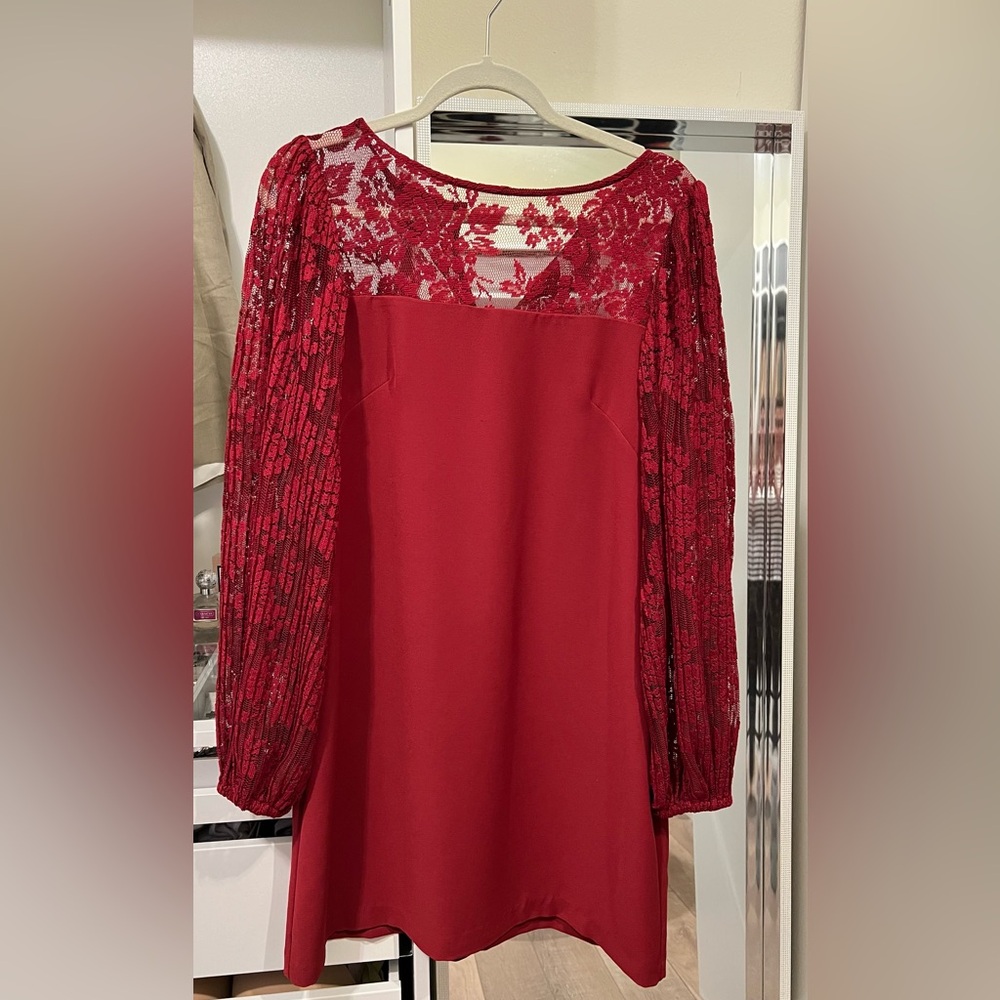 WHBM Dress Cranberry Red Long Lace Sleeve Sheath